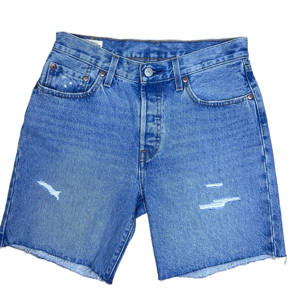 LEVI'S 501 Premium Denim Shorts BIG E Button Fly High Rise Raw Hem in BLUE Sz 27